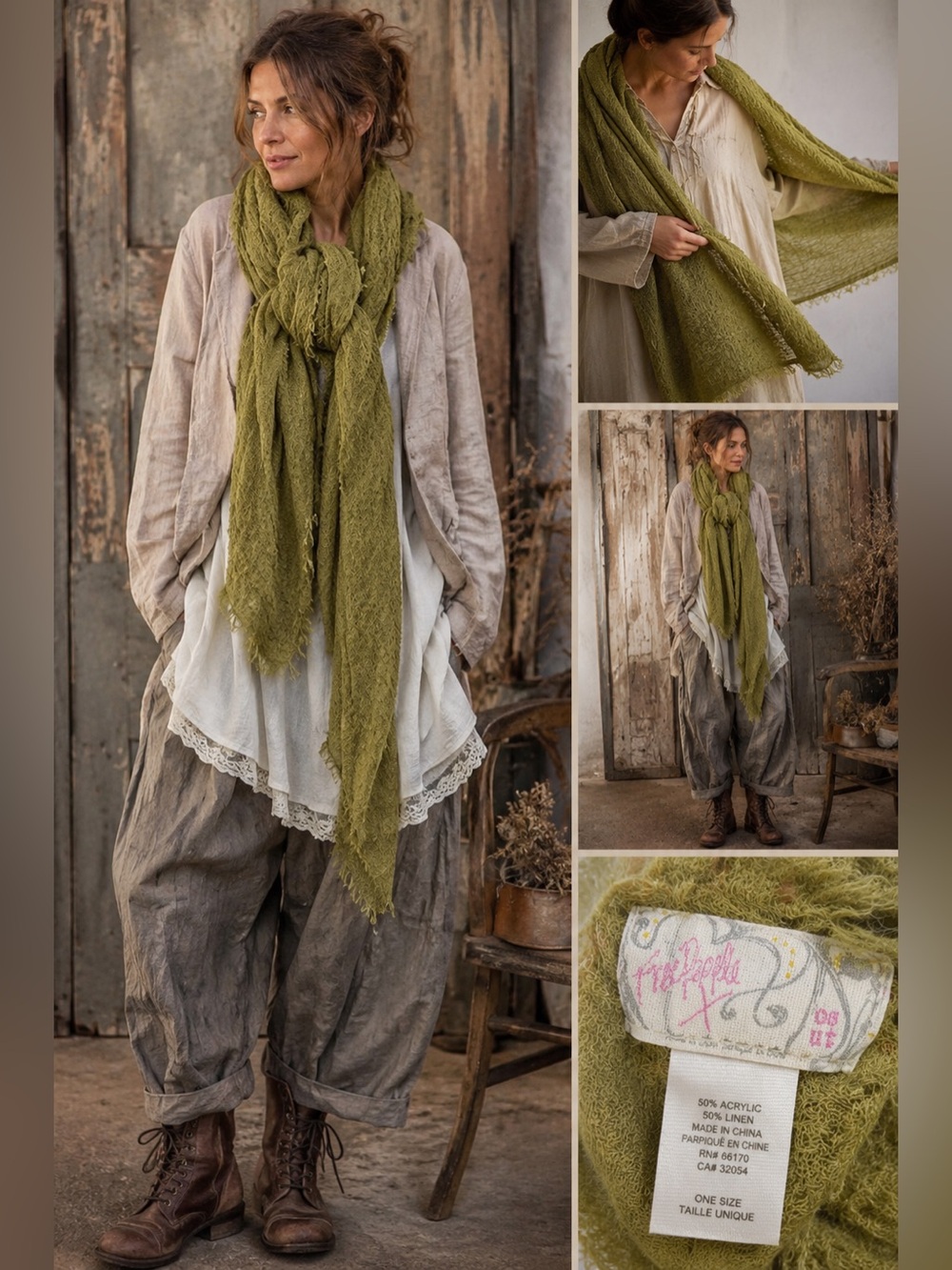 Free People Long Weekend Waffle Scarf Moss Green Linen Blend Blanket Wrap OS